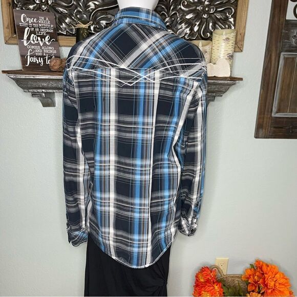 Buckle Black Blue Plaid Long Sleeve Snap DowLarge Men’s - Picture 2 of 16
